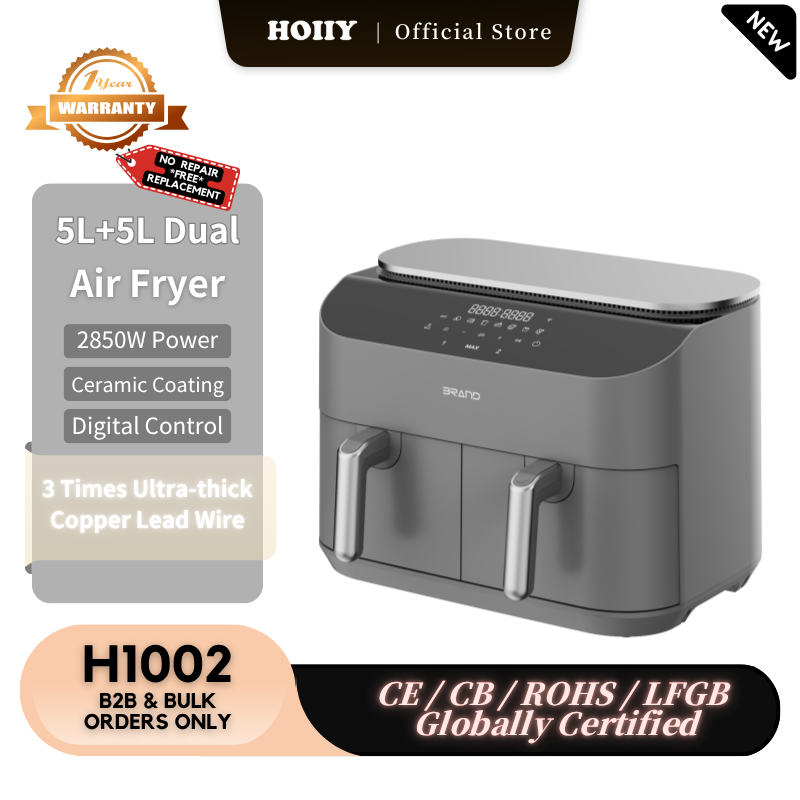 HOIIY Gray 5L + 5L Dual air fryer on a kitchen counter with product details and certification logos.