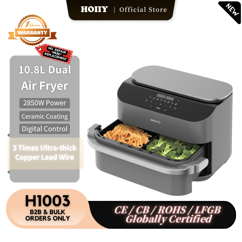 HOIIY 10.8L Dual Air Fryer on a kitchen counter with product details.