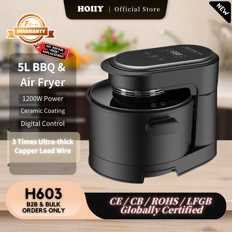HOIIY Black 5L BBQ & Air Fryer with features listed on a wooden surface