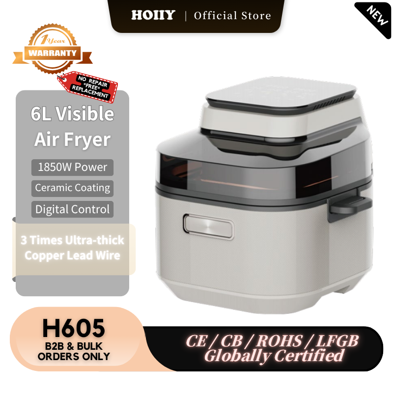 HOIIY 6L Visible Air Fryer with product details on a kitchen counter