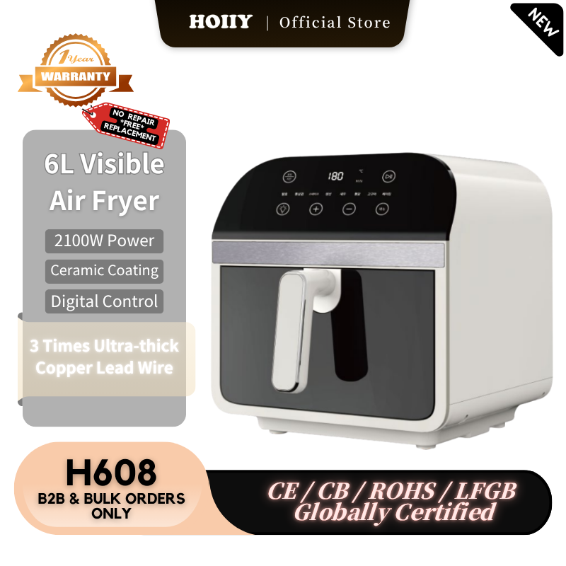 HOIIY 6l visible Air fryer with product details on a kitchen counter