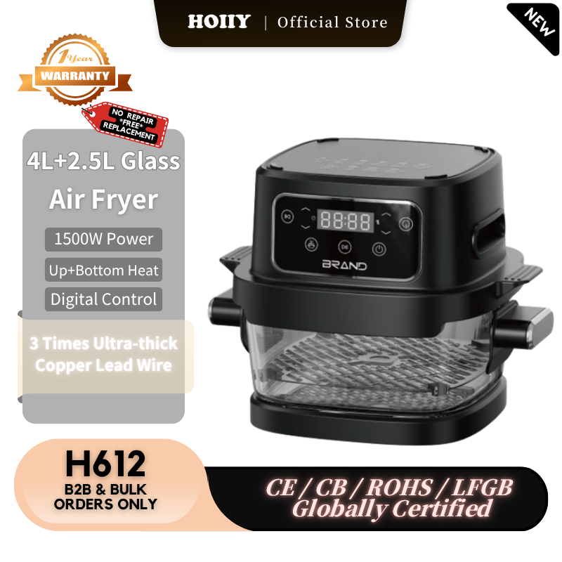 4L+2.5L glass air fryer with product details on a kitchen counter