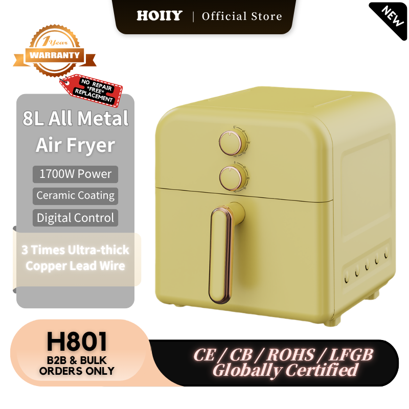 HOIIY yellow 8l all metal air fryer with product details on a kitchen background
