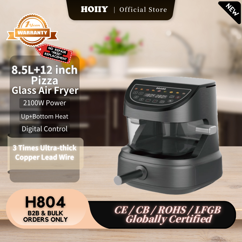 HOIiY 8.5L + 12 inch pizza glass air fryer on a kitchen counter with product details.