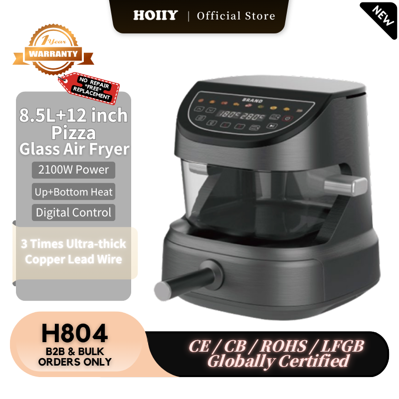 HOIiY 8.5L + 12 inch pizza glass air fryer on a kitchen counter with product details.