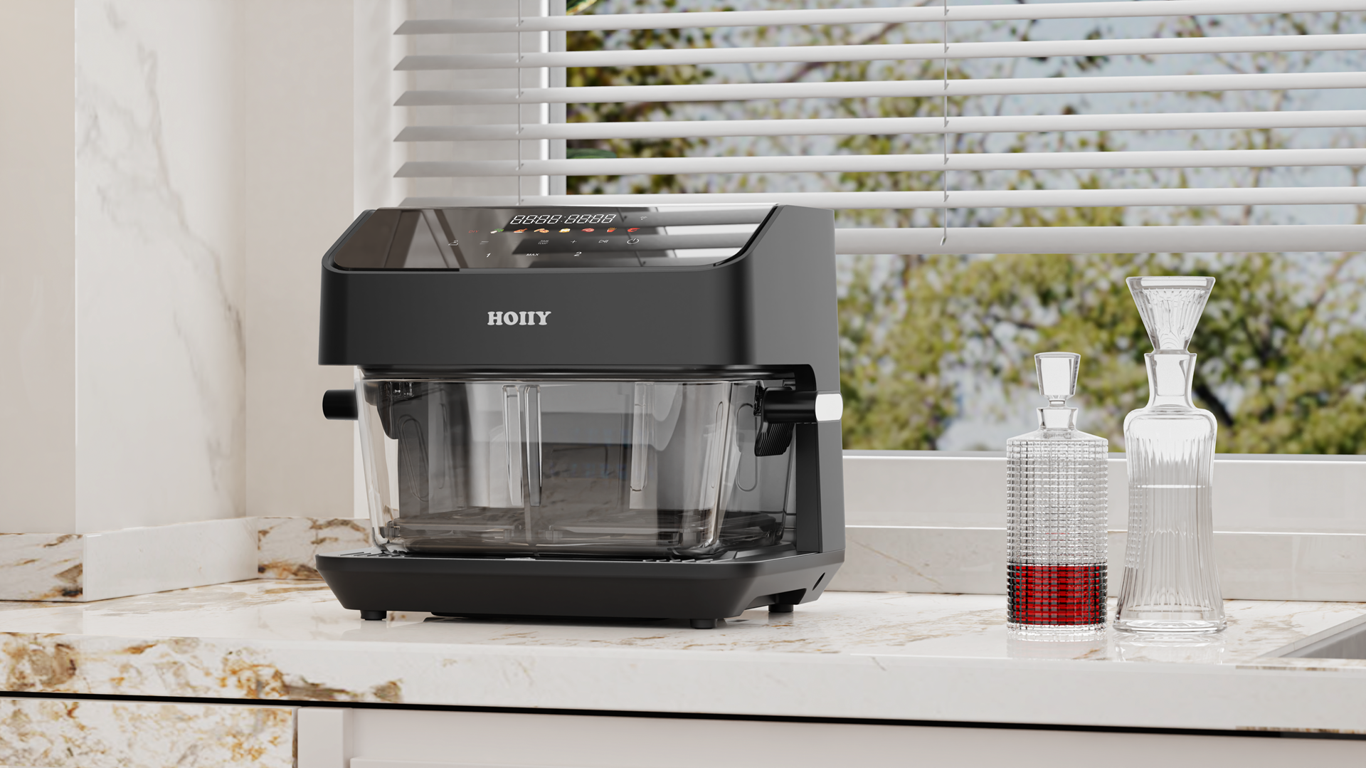 Premium packaging of HOIIY Singapore 8L Glass Air Fryer: An ideal healthy lifestyle gift for housewarming or festive celebrations. 8L Glass Air Fryer on a kitchen counter with a window in the background