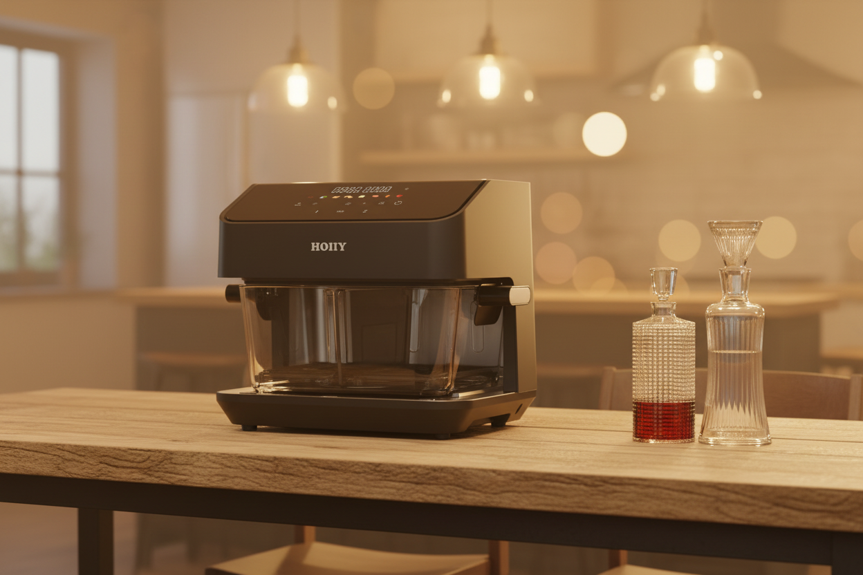 Smart one-touch LED panel of HOIIY 8L Glass Air Fryer: Preset cooking modes for healthy, oil-free fries, steak, and seafood. 8L Glass Air Fryer on a wooden table with blurred background