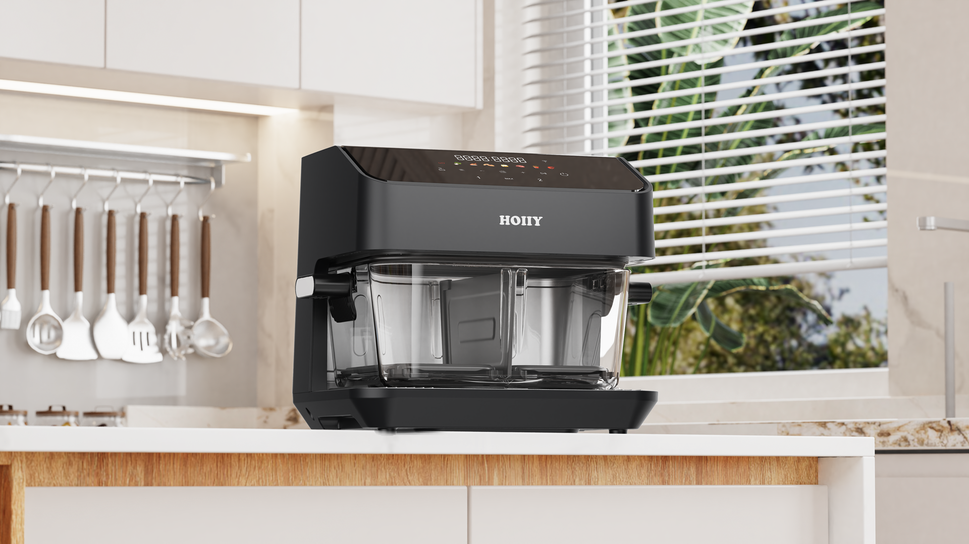 HOIIY Singapore premium borosilicate glass basket: 100% coating-free and chemical-free for the purest healthy frying experience. 8L Glass Air Fryer on a kitchen counter with a window in the background