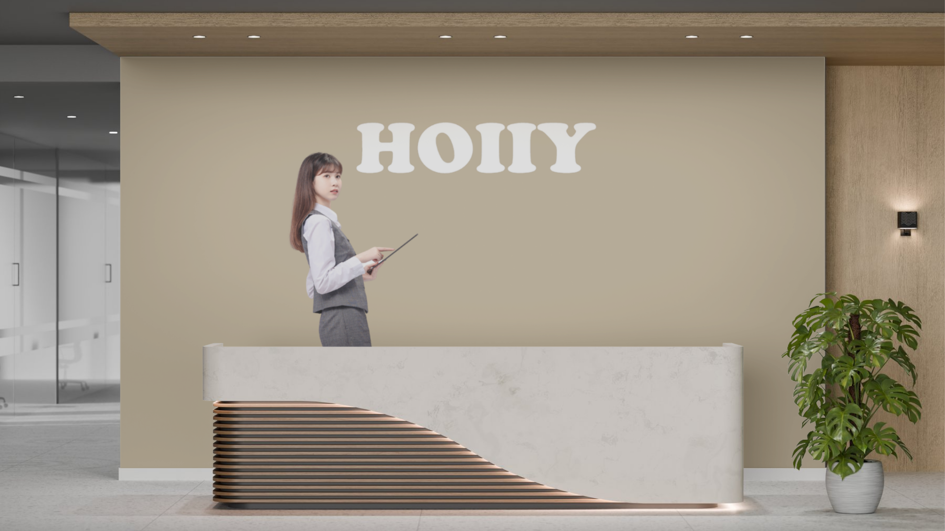 The face of HOIIY Singapore: Professional standing before our modern branding wall, representing our commitment to healthy cooking and 8L glass air fryer innovation.