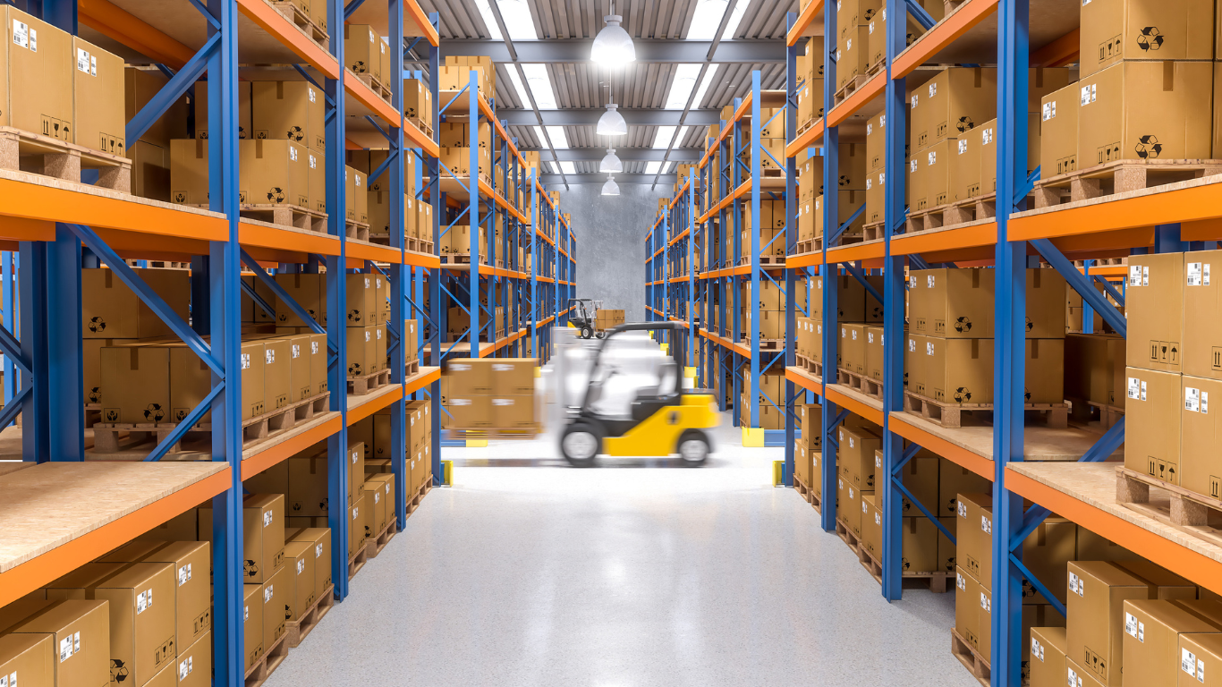HOIIY Singapore Air Fryer Warehouse interior with forklift moving between shelves filled with boxes