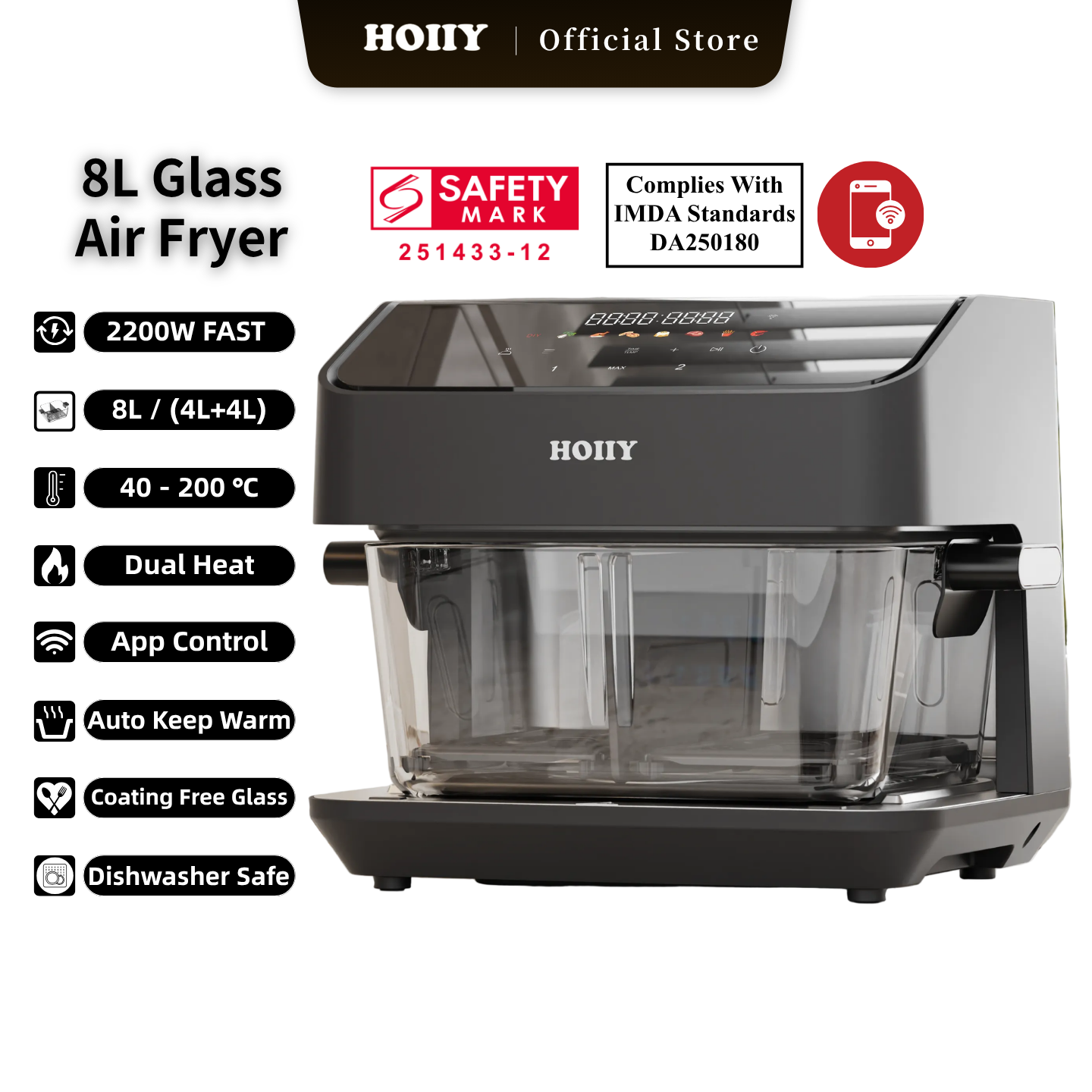 HOIIY Singapore 8L Glass Air Fryer White Background Promotional Picture 