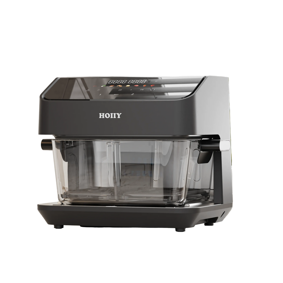 HOIIY Singapore 8L Glass Air Fryer Dark Grey promotion picture with clear glass carafe on a white background. 