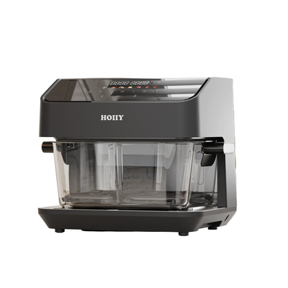 HOIIY Singapore 8L Glass Air Fryer Dark Grey promotion picture with clear glass carafe on a white background. 