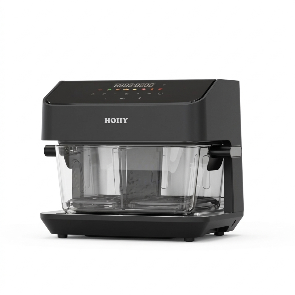 HOIIY Singapore 8L Glass Air Fryer Dark Grey promotion picture with clear glass carafe on a white background. 