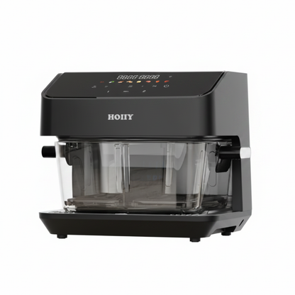 HOIIY Singapore 8L Glass Air Fryer Dark Grey promotion picture with clear glass carafe on a white background. 