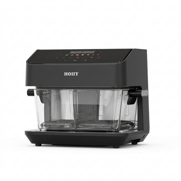 HOIIY Singapore 8L Glass Air Fryer Dark Grey promotion picture with clear glass carafe on a white background. 