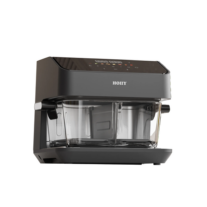 HOIIY Singapore 8L Glass Air Fryer Dark Grey promotion picture with clear glass carafe on a white background. 