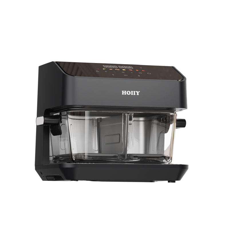 HOIIY Singapore 8L Glass Air Fryer Dark Grey promotion picture with clear glass carafe on a white background. 