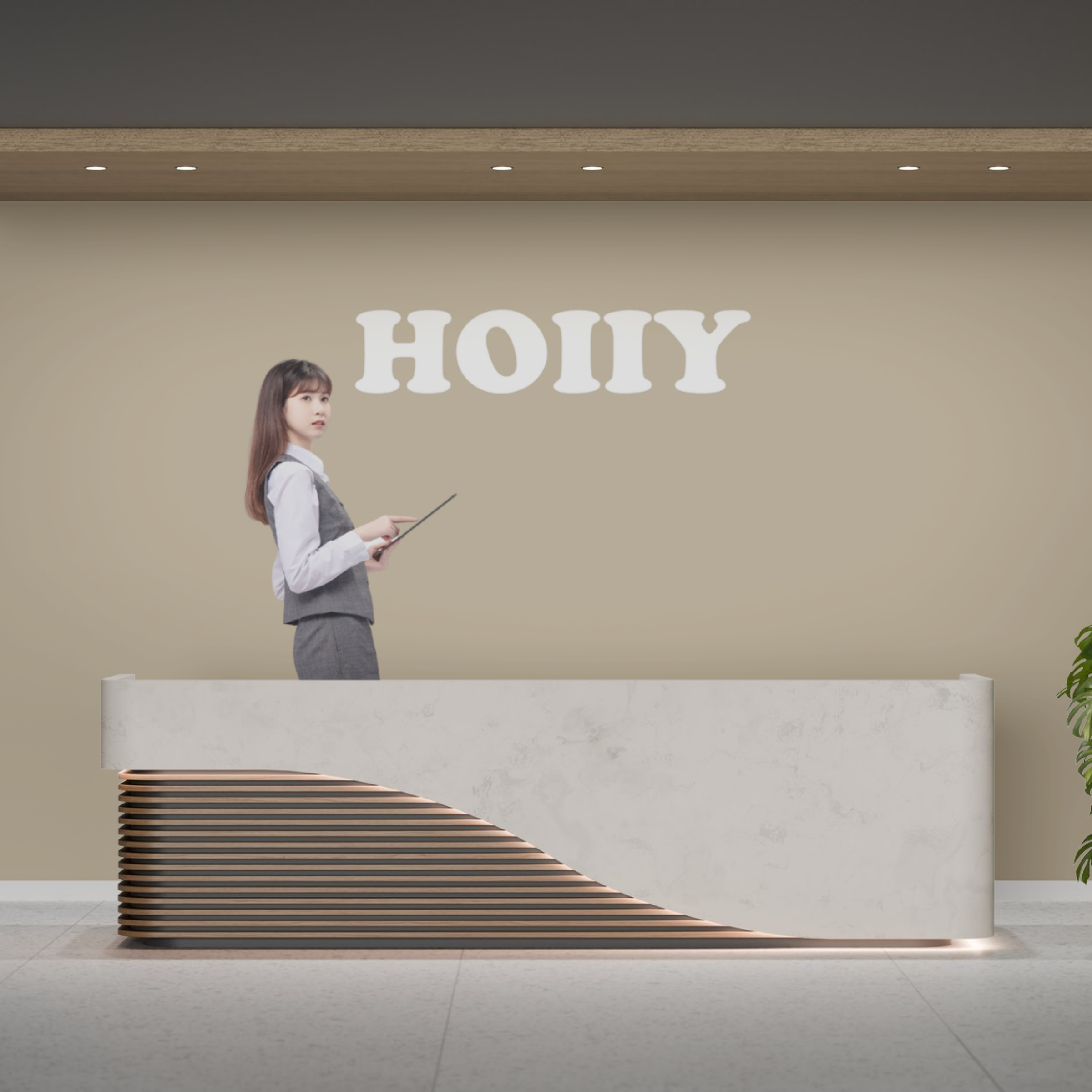 The face of HOIIY Singapore: Professional standing before our modern branding wall, representing our commitment to healthy cooking and 8L glass air fryer innovation.