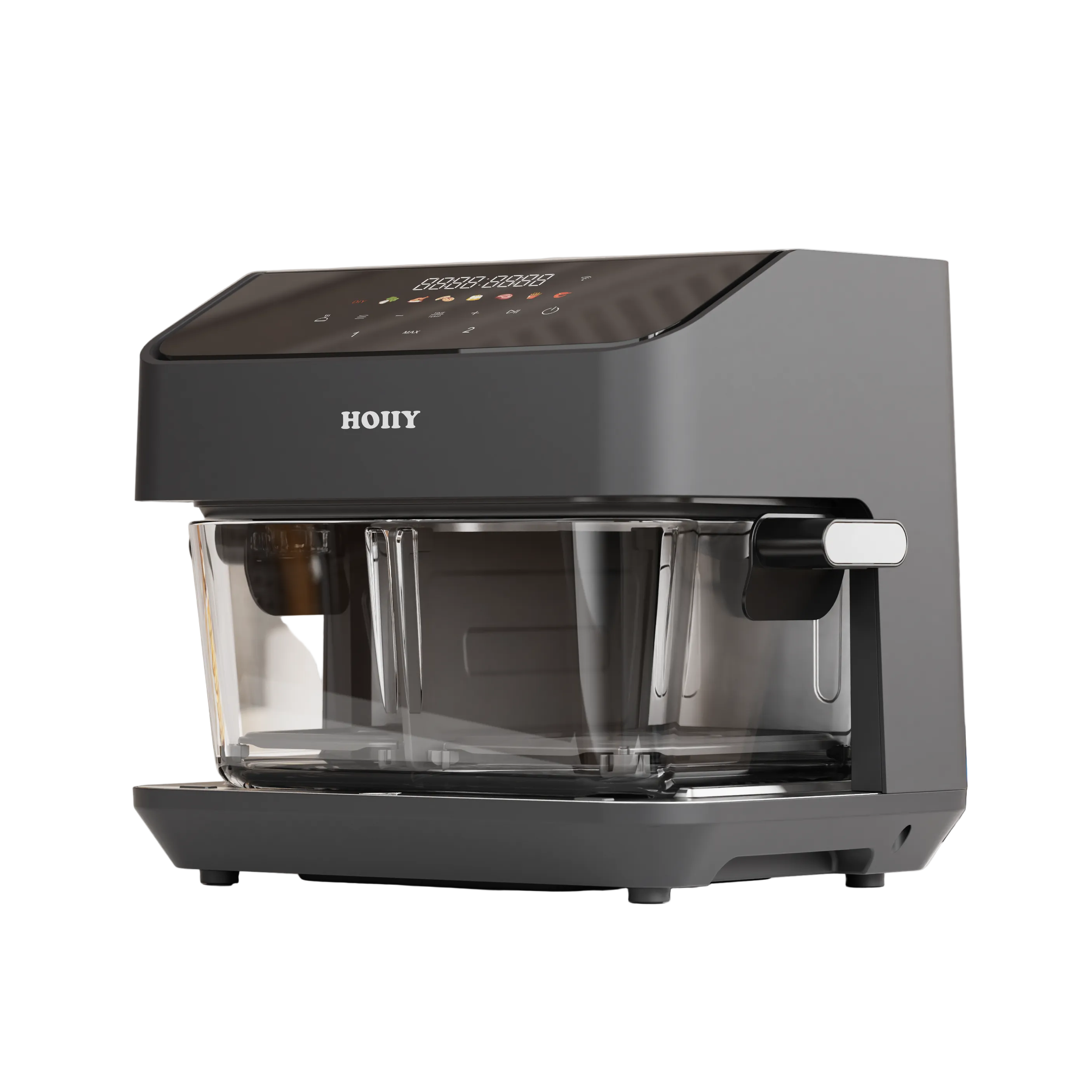 HOIIY Singapore 8L Glass Air Fryer Dark Grey promotion picture with clear glass carafe on a white background. 