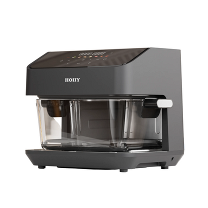 HOIIY Singapore 8L Glass Air Fryer Dark Grey promotion picture with clear glass carafe on a white background. 