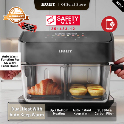 HOIIY Singapore 8L Glass Air Fryer Main Product Image with features including Up + Bottom Heating Auto-Switch Warmth, Top SUS304 Stainless Steel &amp; Bottom Carbon Fiber, 1-year Warranty, Safety Mark.
