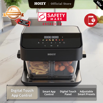 HOIIY Singapore 8L Glass Air Fryer Main Product Image with features including Digital Touch App Control, Intuitive UI Touch. Instant App Remote. 1-year Warranty, Safety Mark.