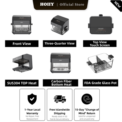 HOIIY 8L Glass Air Fryer: Exploded view showing SUS304 &amp; Carbon Fiber heat, FDA glass pot, 1-Year Warranty and Free SG Shipping.