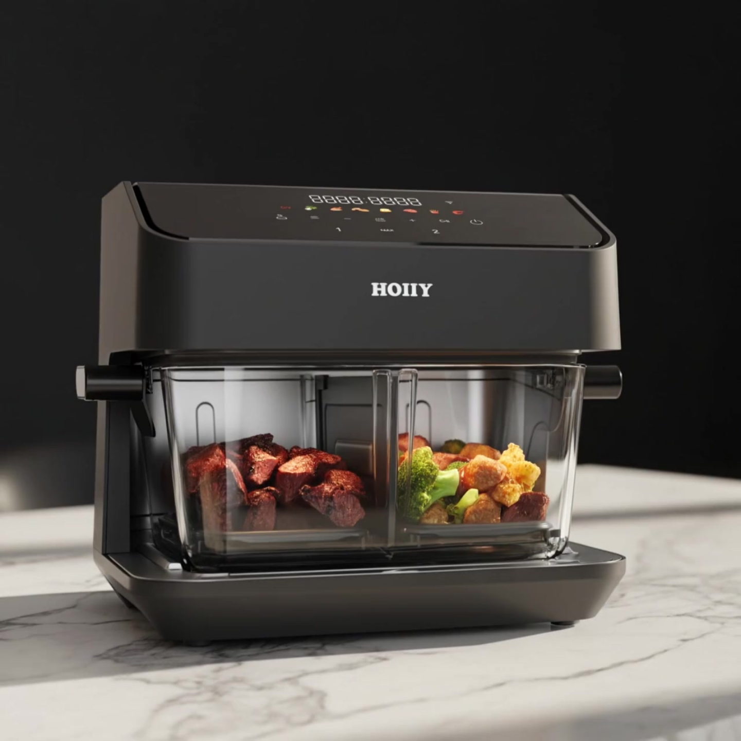 HOIIY 8L Glass Air Fryer Product Picture cooking black pepper beef cubes and broccoli with dual zone control. 