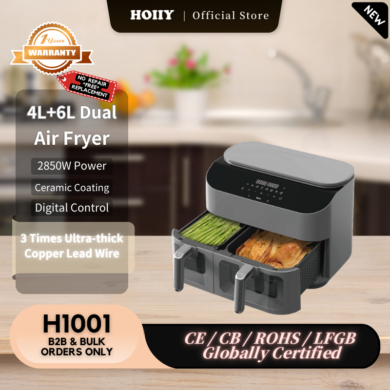 HOIiY 4L+6L Dual Air Fryer on a kitchen counter with product details.