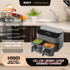 HOIiY 4L+6L Dual Air Fryer on a kitchen counter with product details.