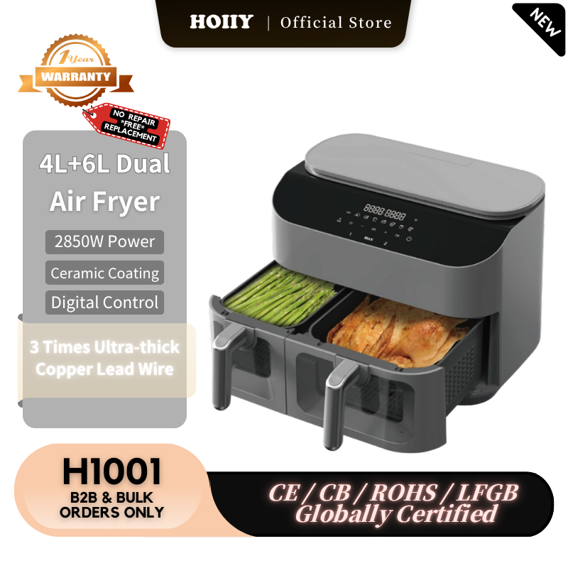 HOIiY 4L+6L Dual Air Fryer on a kitchen counter with product details.