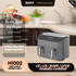 HOIIY Gray 5L + 5L Dual air fryer on a kitchen counter with product details and certification logos.