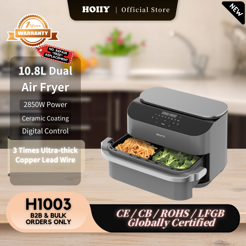HOIIY 10.8L Dual Air Fryer on a kitchen counter with product details.