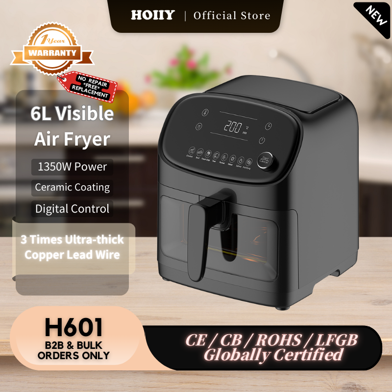 HOIIY Black 6L Visible air fryer with product details on a wooden surface