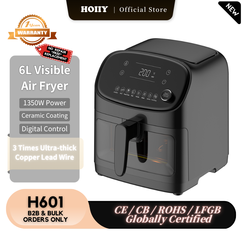 HOIIY Black 6L Visible air fryer with product details on a wooden surface
