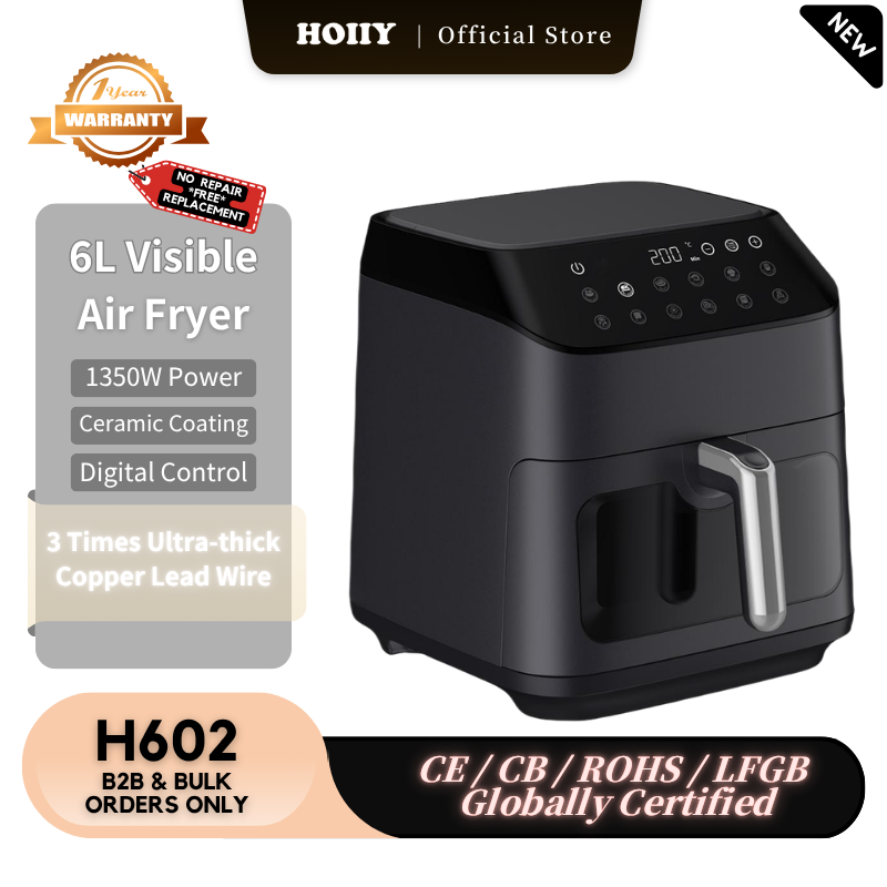 HOIIY Black 6L air fryer with product details on a kitchen counter