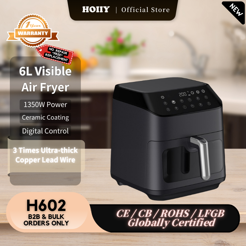 HOIIY Black 6L air fryer with product details on a kitchen counter