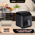 HOIIY Black 6L air fryer with product details on a kitchen counter
