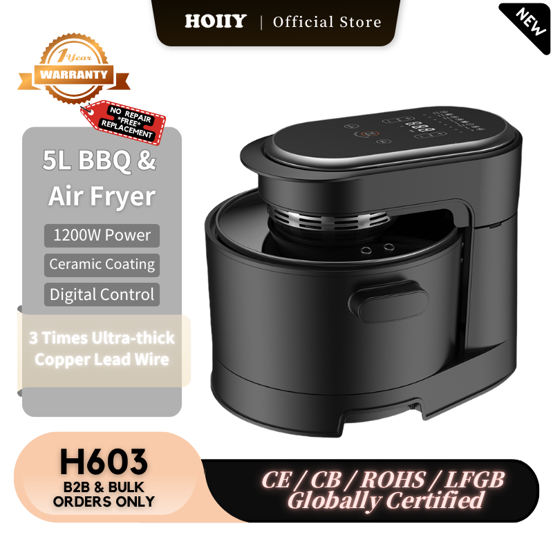 HOIIY Black 5L BBQ &amp; Air Fryer with features listed on a wooden surface