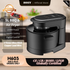 HOIIY Black 5L BBQ & Air Fryer with features listed on a wooden surface