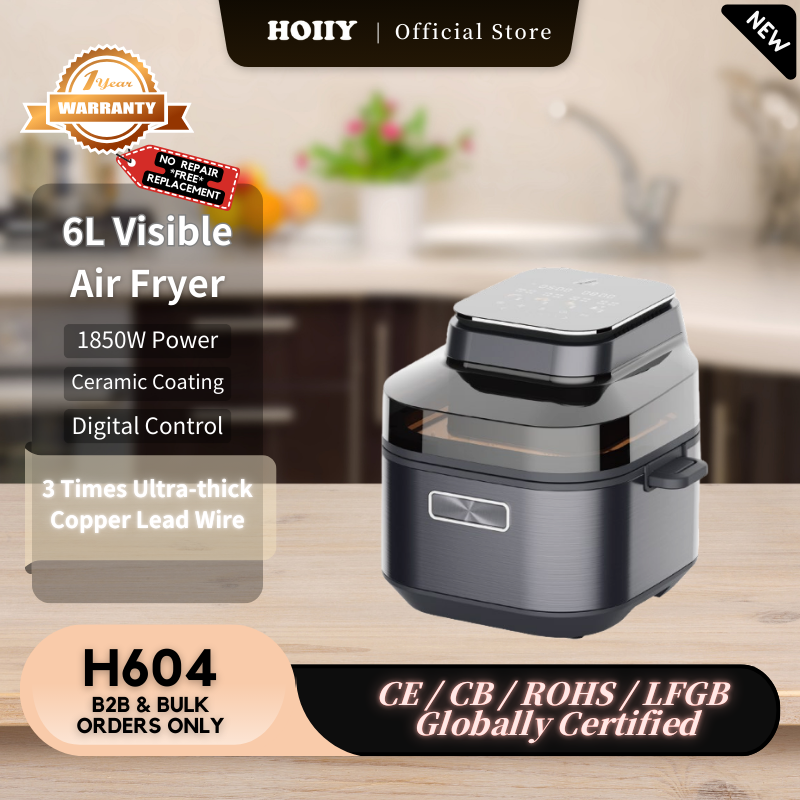 HOIIY 6L Visible Air Fryer with specifications on a kitchen counter