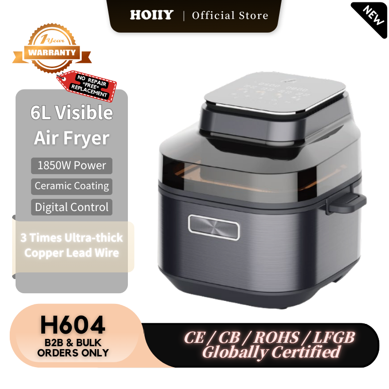 HOIIY 6L Visible Air Fryer with specifications on a kitchen counter