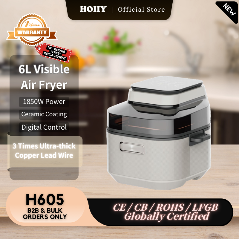 HOIIY 6L Visible Air Fryer with product details on a kitchen counter