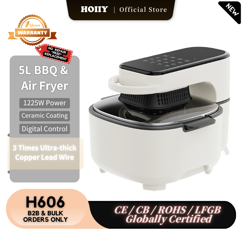 HOIIY 5L BBQ &amp; Air Fryer with digital control on a kitchen counter, featuring HOIYY branding.