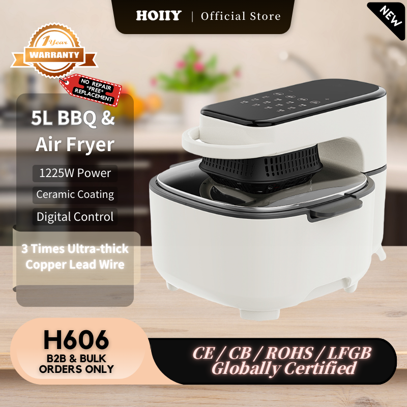 HOIIY 5L BBQ &amp; Air Fryer with digital control on a kitchen counter, featuring HOIYY branding.