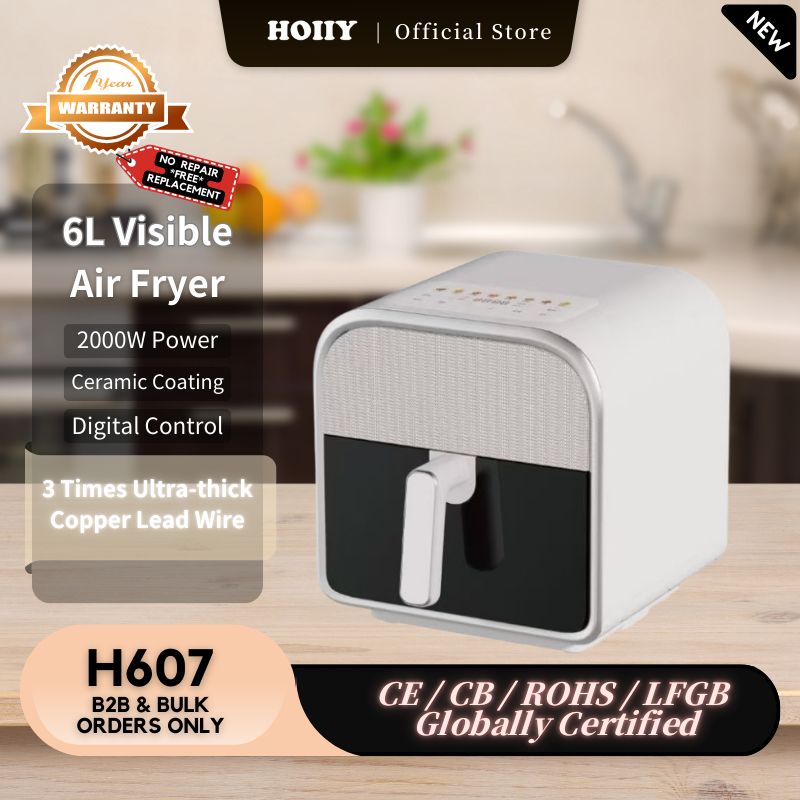 HOIIY 6L Visible Air Fryer with product details on a kitchen counter
