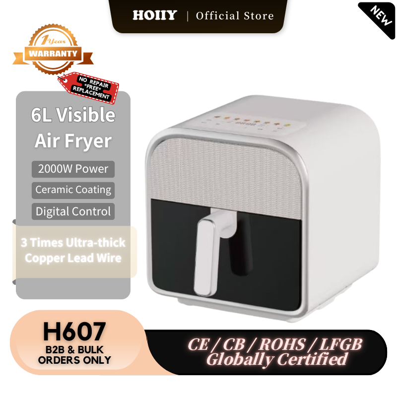 HOIIY 6L Visible Air Fryer with product details on a kitchen counter