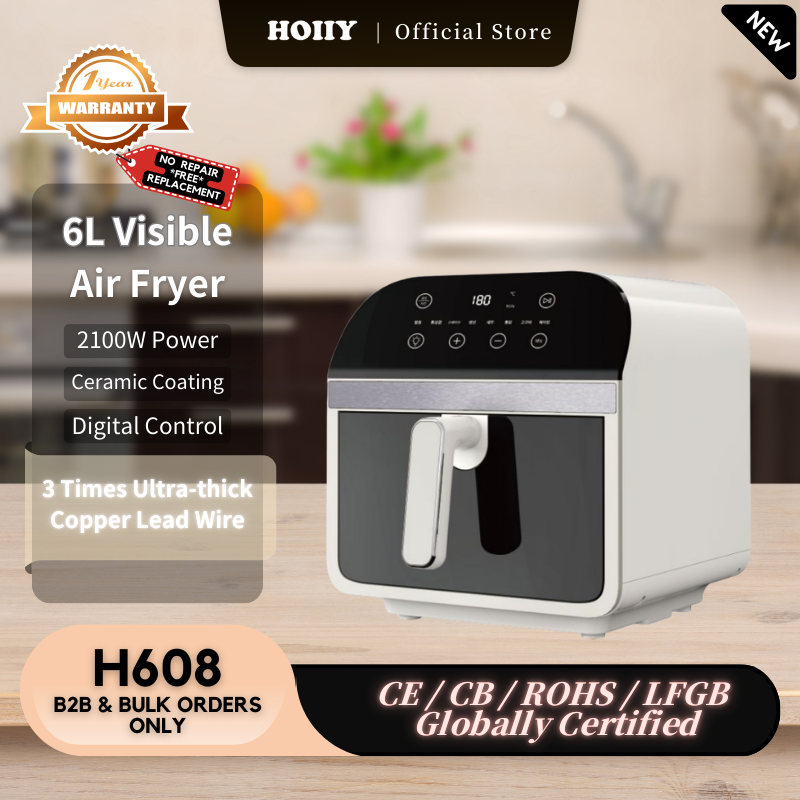 HOIIY 6l visible Air fryer with product details on a kitchen counter