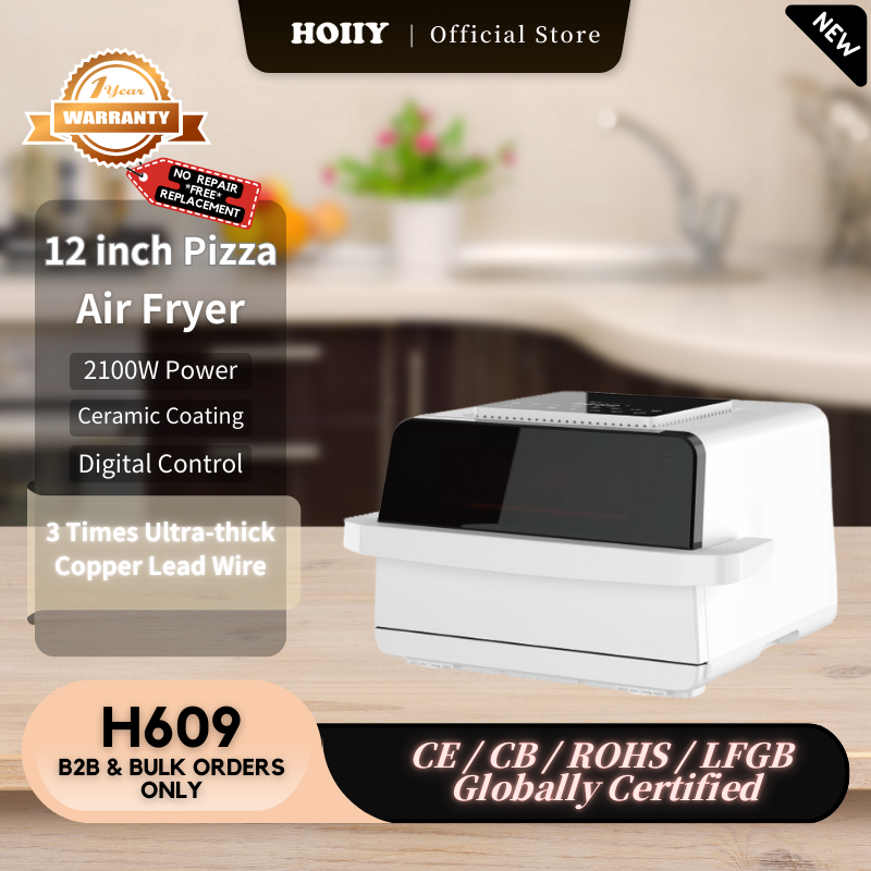 HOIIY 12 inch Pizza Air Fryer with product details on a kitchen counter